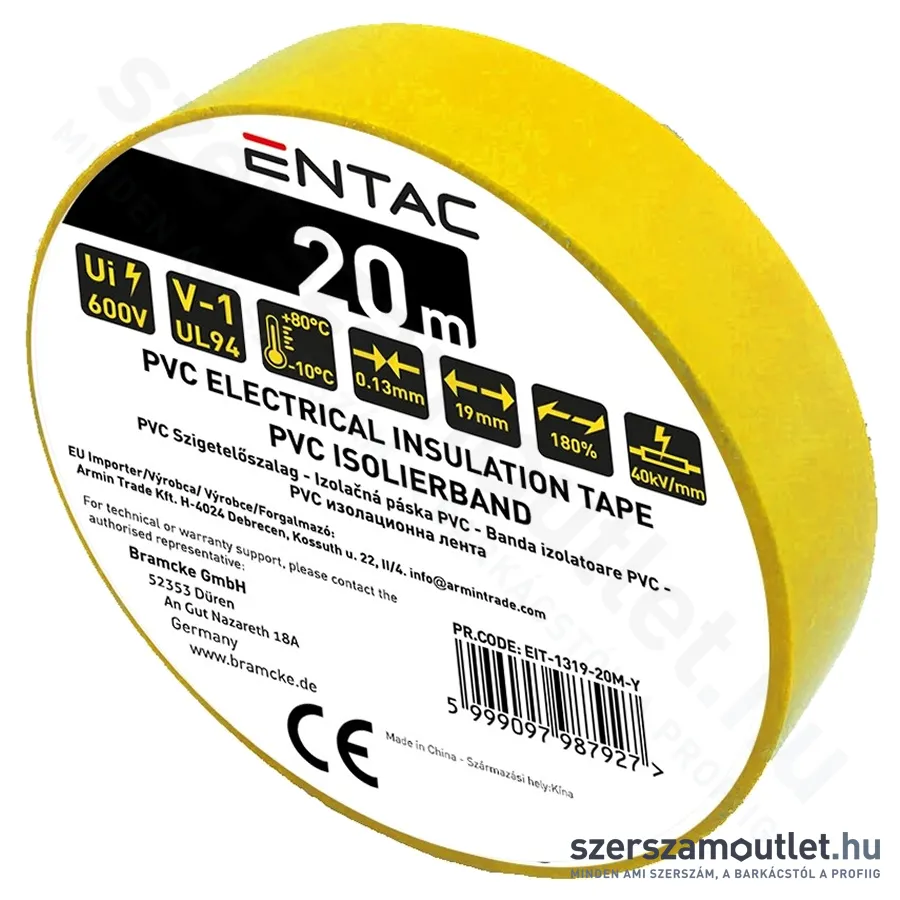 ENTAC Szigetelőszalag 0,13x19mm/20m (Citromsárga) (EIT-1319-20M-Y)