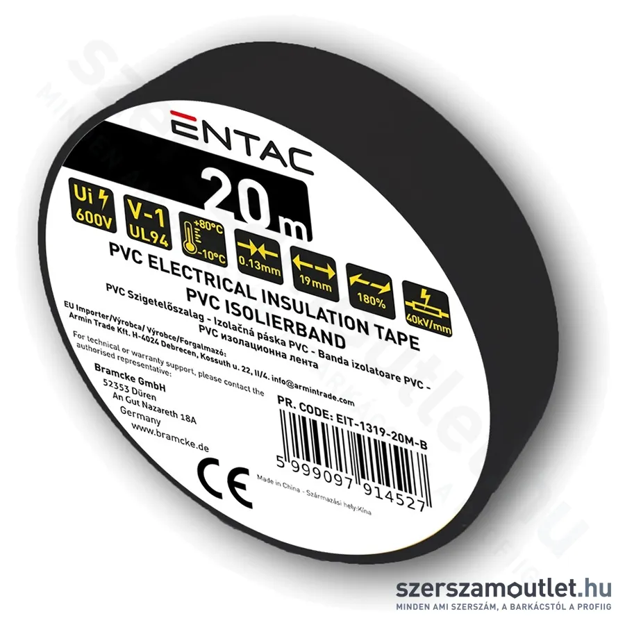 ENTAC Szigetelőszalag 0,13x19mm/20m (Fekete) (EIT-1319-20M-B)
