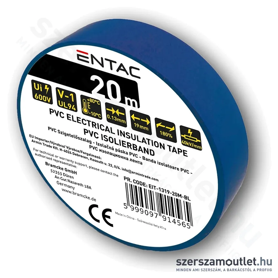 ENTAC Szigetelőszalag 0,13x19mm/20m (Kék) (EIT-1319-20M-BL)
