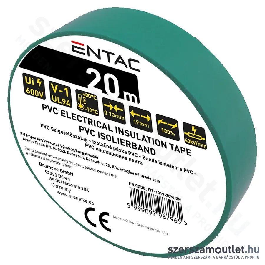 ENTAC Szigetelőszalag 0,13x19mm/20m (Zöld) (EIT-1319-20M-GR)