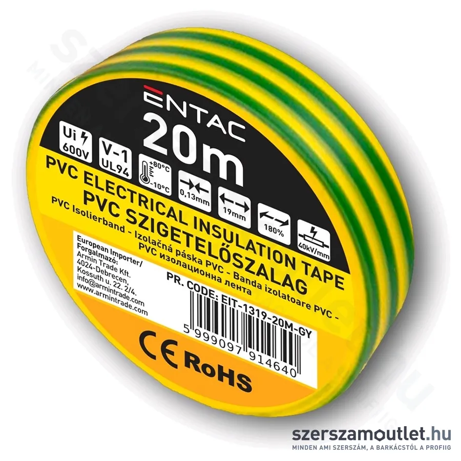 ENTAC Szigetelőszalag 0,13x19mm/20m (Zöld/Sárga) (EIT-1319-20M-GY)