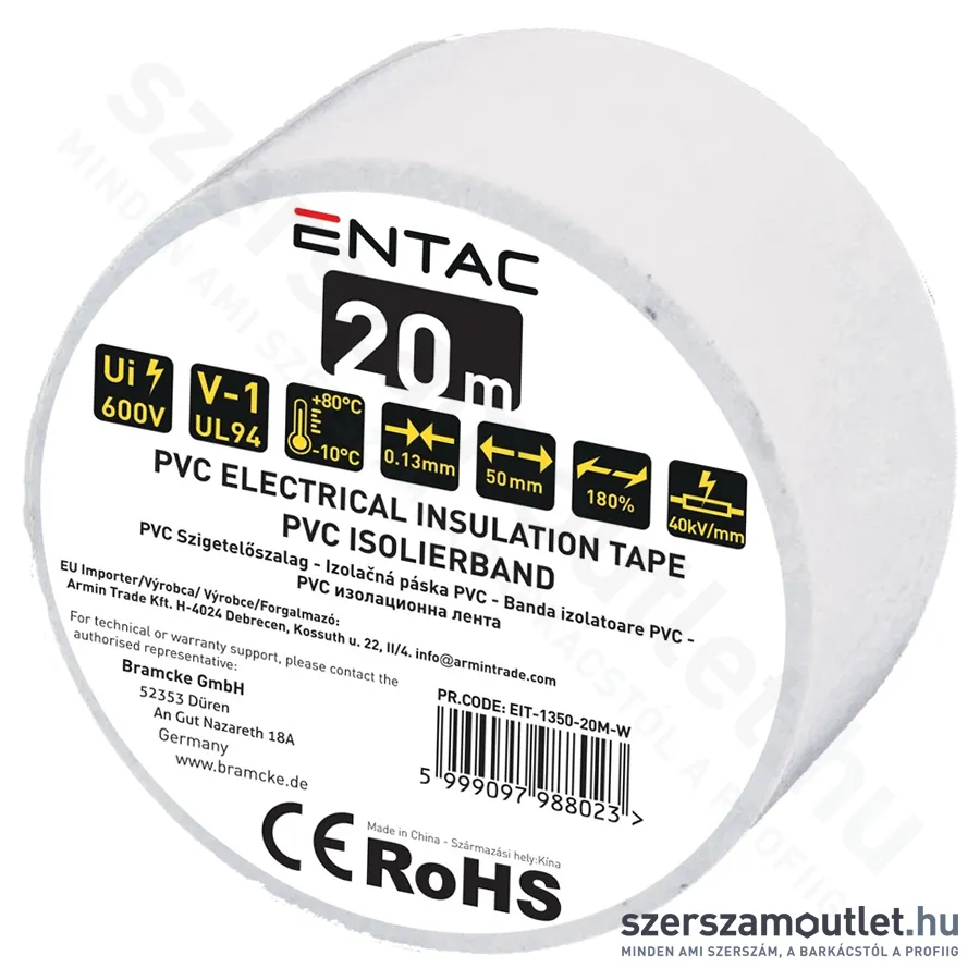 ENTAC Szigetelőszalag 0,13x50mm/20m (Fehér) (EIT-1350-20M-W)