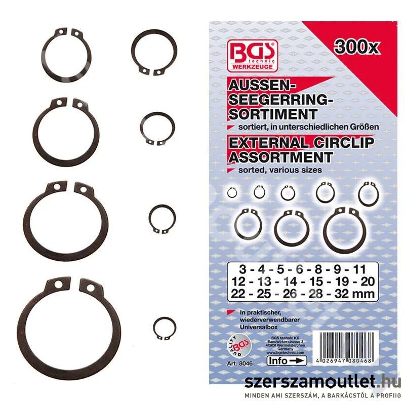 BGS Külső seegergyűrű készlet 3-32mm, 300 darabos (BGS-8046)