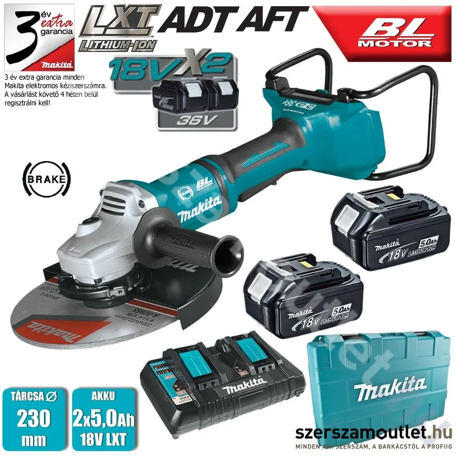 MAKITA DGA900PT2 Akkus szénkefementes sarokcsiszoló 230mm (2x5,0Ah/18V)